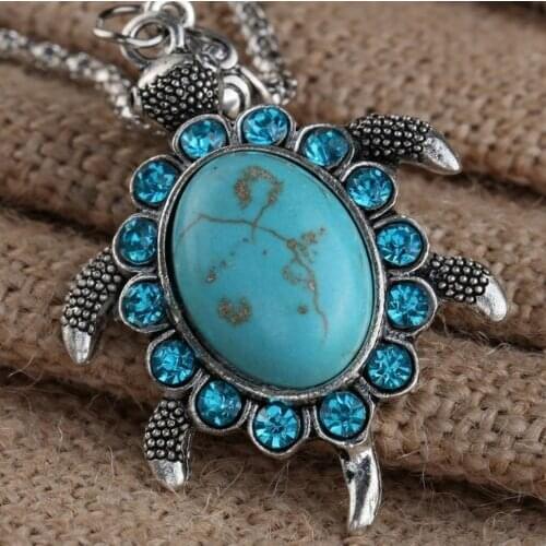 Collection Tibet Silver Lucky Turtle Necklace Natural Oval Turquoise Necklace Blessing Safe And Luck Good Gift