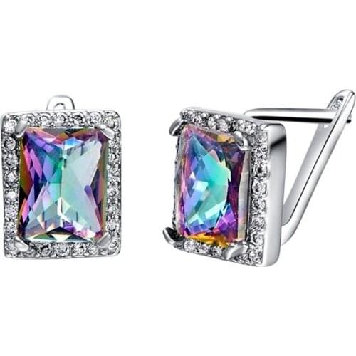 Square Rainbow Stone Jewelry Set White Gold Filled Classic Fire Mystical Pendant Necklace / Earrings / Ring Size 6 7 8 9