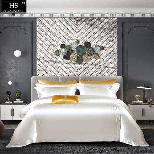 White 26Momme Mulberry Silk 4Pcs Bedding Sets Yarn Dyed Embroidery Duvet Cover Bed Sheets Pillowcase Fiber Queen Pure Color