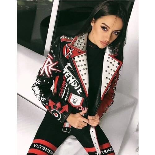 LMCAVASUN PU Leather coats Women cartoon Print Leather Jacket Turn-down collar Punk Rock Cropped Jackets faux leather coat
