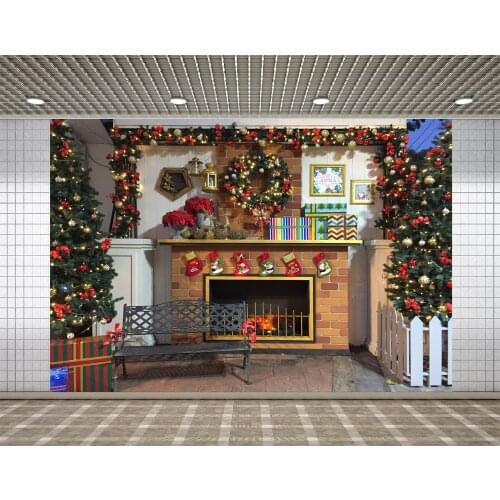Lyavshi Christmas Tree Photography Backgrounds Fireplace Bench Gift Stocking Backdrops Baby Cartoon Pattern Photo Backgrounds