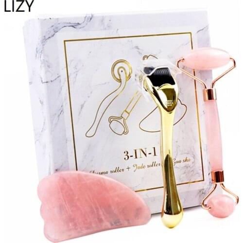 LIZY Slim Face Massager Rose Quartz Roller Natural Jade Stone Facial Massage Roller Derma Roller Gua Sha Scrape Lifting Tool