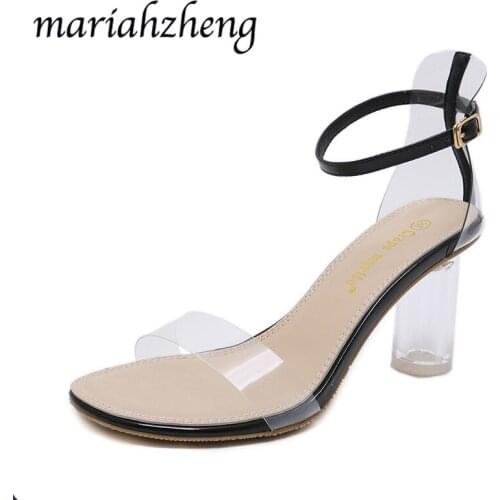 Meriahzheng 8CM 2020 Summer Fashion Shallow Mouth Transparent Sandals Crystal Buckle Open-toe High-heeled Womens Shoes TWS