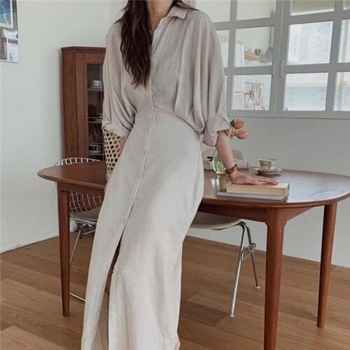 GOOHOJIO New 2020 Womens Autumn Shirt Dresses High Waist Bat Sleeve Casual Oversize Single Breasted Lace Up Long Dresses