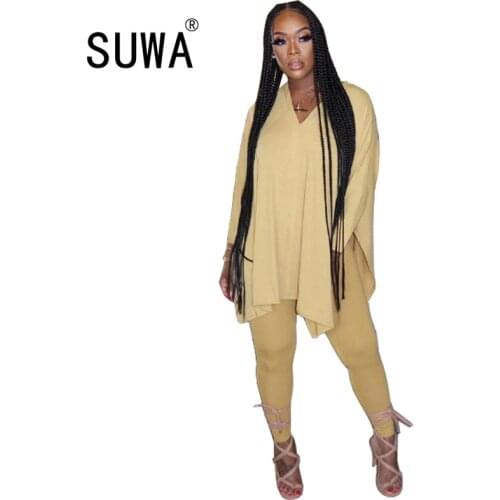 Solid color women two piece tracksuit sets clothes long sleeve oversize t-shirt top + sweatpants stacked legging home wear