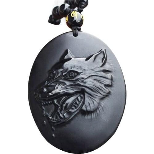 Drop Shipping Mens Necklace Pendant Black Obsidian Wolf Head Wolf' Fang Pendant Amulet Lucky Gift for Men Women Fashion Jewelry