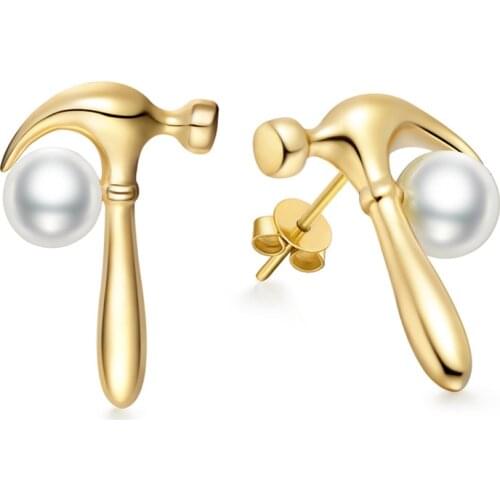 MIQIAO 14K Yellow Gold Hammer Vintage Boho Pearls Stud Piercing Earrings for Women Wedding Couple Friends Gift Fashion Jewelry