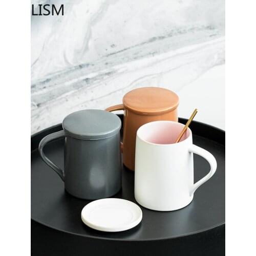 Nordic Simple Coffee Mug with Lid Spoon Large Ceramic Cups Tea Breakfast Milk Office Pink Coffee Mugs Household Tazas De Cafe
