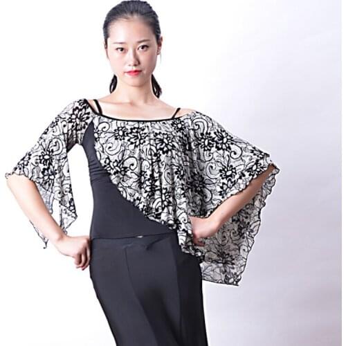 Modern dance top ballroom dancing ladies practice frills at sleeves stripes shoulder cappa collar T13009