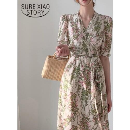 V-neck Floral Elegance Lace Up New Chic Sexy Gentle Sweet Streetwear Office Lady Plus Size Thin Print Long Dress Vestidos 14518