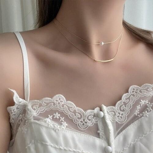 VSnow Vintage Minimalist Double Layer Pearl Metal Cudgel Choker Necklace for Women Creative Wedding Necklace Luxury Jewelry Hot
