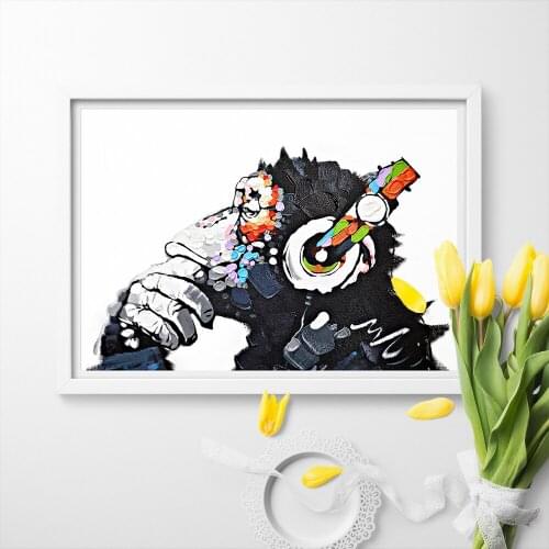 Gorilla Funny Thinking Monkey With Headphone Canvas Poster Art Print Canvas Painting Wall Art Home Decor No Frame