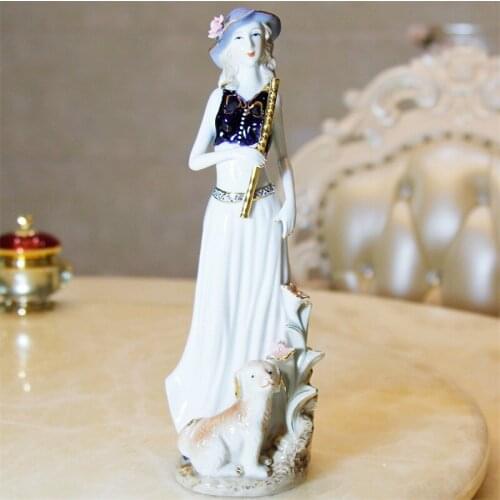 WESTERN WOMAN STATUE FLUTE GIRL ART SCULPTURE CHARACTER ELEGANT BEAUTY FIGURINES CERAMIC CRAFTS CREATIVE HOME DECORATION R4805