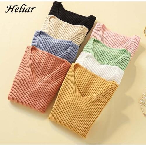 Heliar Female Thin Sweater V-neck Autumn Sweater Women Underwear slim Knitted Pullovers For Women 2019 Autumn Winter Sweater