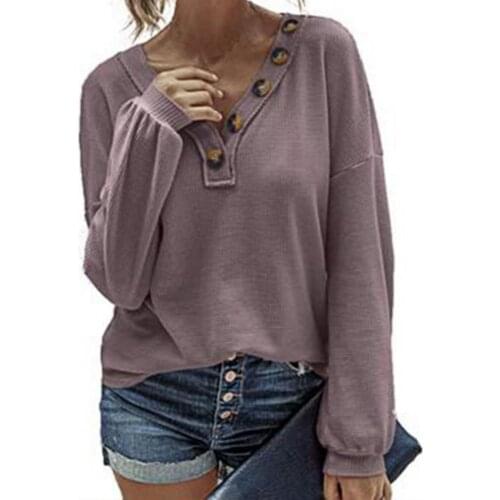 Womens Waffle Knit Top V Neck Long Sleeve Loose Fit Plain Shirt Pullover Blouse Buttons Decor Knitted Autumn Blouse Streetwear