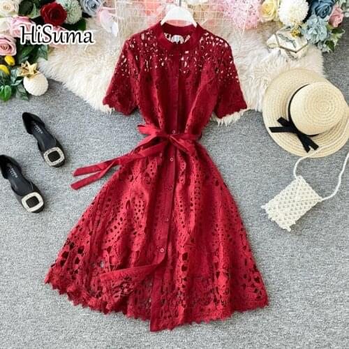 2020 Summer new womens o-neck short sleeve hollow out single breasted lace A-line dress female elegant lace-up fairy dresses