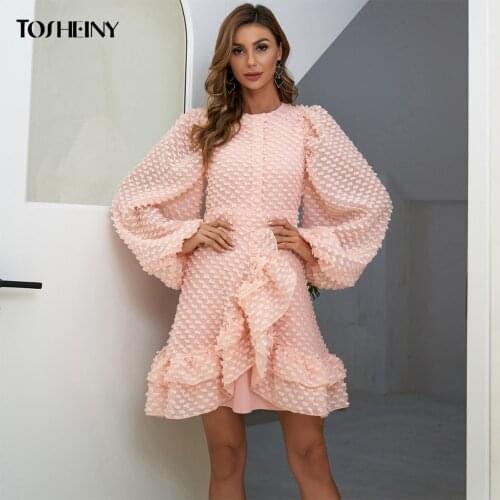 Tosheiny 2021 Sping Mini Sweet Long Puff Sleeve Women Dress Mesh Ruffles O Neck Elegant Party Short Dresses Vestidos H0079