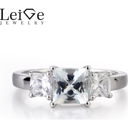 Leige Jewelry Square Cut Natural Aquamarine Engagement Ring Sterling Silver 925 for Women Wedding Promise Rings Romantic gift