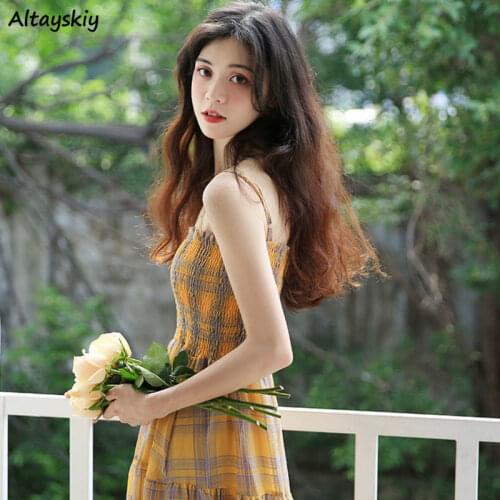 Dress for Women Spaghetti Strap Elegant Sweet Temperament Sleeveless Mid-calf Korean Style Female Leisure Vestidos Trendy Folds