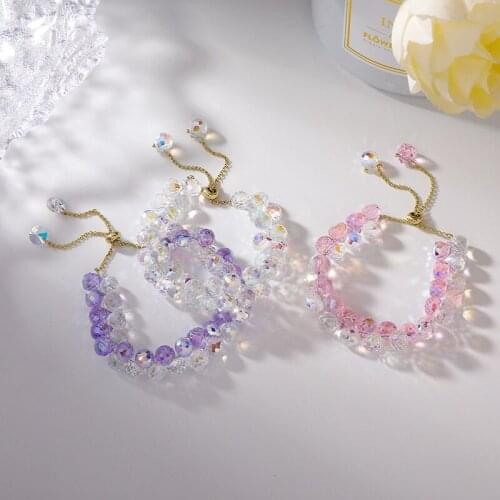 Origin Summer Korean Fashion 3 Style Crystal Beaded Bracelets for Women Purple Pink Transparent Adjustable Bracelets Jewelry