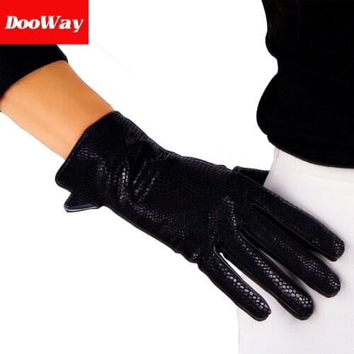 DooWay Sexy Real Leather Gloves Wrist Long 10inches Black Snakeskin Printing Warm Lining Driving Cosplay Costume Party Gloves