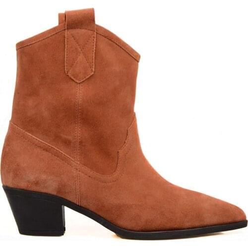 FootCourt- Motorcycle Western Cowboy Boots Women Solid Genuine Suede Tan Leather Slip On Cowgirl Retro Booties Ankle Botas Shoes