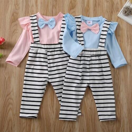 NEW 2020 Newborn Baby Girl Outfits Bowknot Long Sleeves Romper Bodysuit Top Stripe Pants 2Pcs Clothes Set