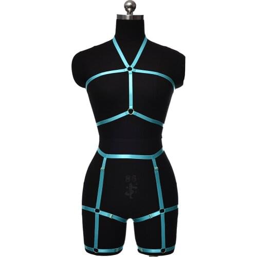 Women Fetish Body Harness Cage Bondage Stocking Leg Garter Belt Halloween Hollow Lingerie Set Crop Top Cage Bra