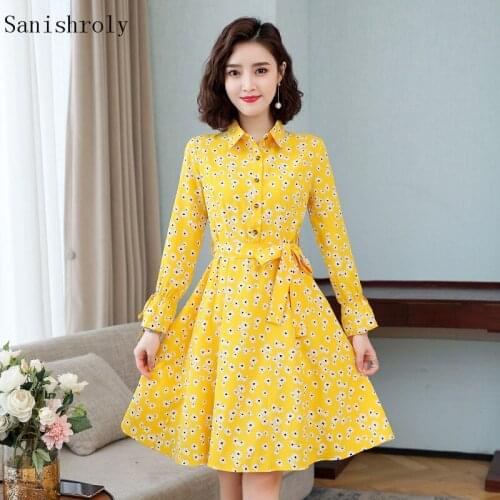 Summer Floral Print Chiffon Dress Women High Waist Tie Bow Midi Dress Lady Turndown Collar Long Sleeve A Line Dresses With Belt