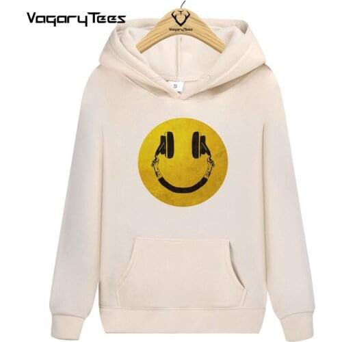 Fashion Music Smile Streetwear Hoodie Retro Urban Mens Round Neck Headphone Graphic Hip Hop Casual Tops Hoodies