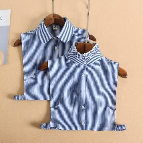 Blue Striped Ruffle Stand Fake Collar for Women Lapel Blouse Tops False Collars Removable Detachable Collar Beads Faux Col