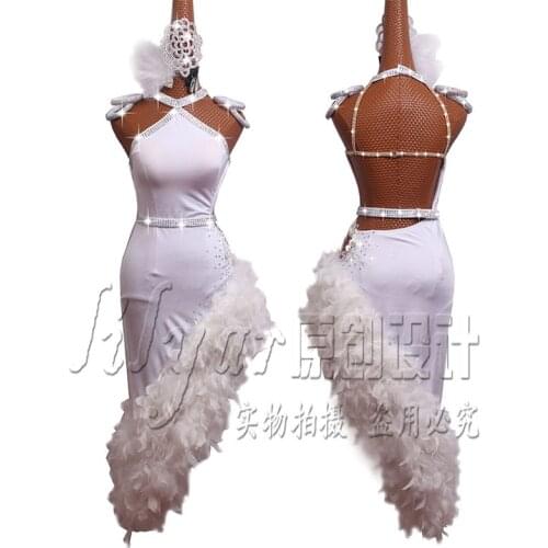 New Latin Dress Dance Dress Competition Dress Skirt Decoration Latin Dance Costumes Skirtes White Feather Sexy A- line Embroider