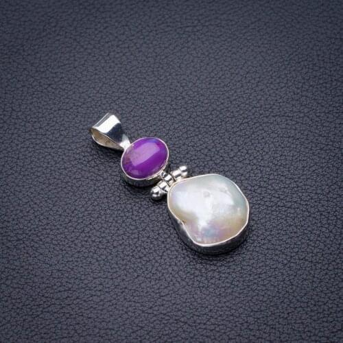 StarGems Natural Biwa Pearl And Turquoise Handmade 925 Sterling Silver Pendant 1.5" D5758