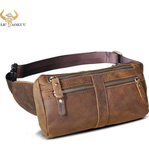 Crazy Horse Leather men Casual Fashion Travel Crossbody Fanny Waist Belt Bag Chest Pack Sling Cowhide Design Phone Case 811-49