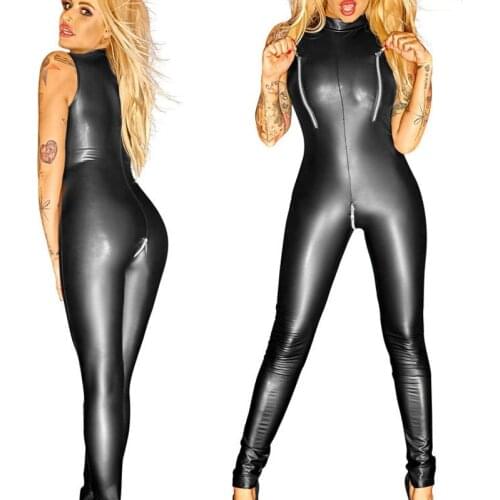 Sexy Plus Size Turtleneck PU Faux Leather Zipper Open Crotch Bust Bodysuit Latex Wet Look Body Stockings Erotic Lingerie FX44