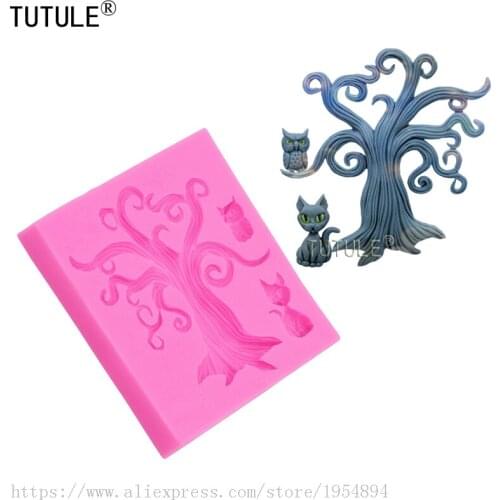 3DBlack cat tree silicone molds,Tree Silicone Molds Owl Cat Cake Fondant Cake Decorating Tools Candy Polymer Clay Chocolate Mold