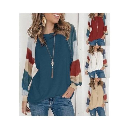 Womens T-Shirt 2021 Spring and Autumn Hedging Puff Sleeve Long Sleeve Round Neck Leisure Loose Color Matching Tops