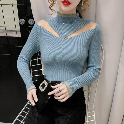 Sweater knitting Women 2020New Autumn Winter Korean Fashion Hollow Mesh Stitching Wild Long Sleeve Pullover Sweaters Female A256