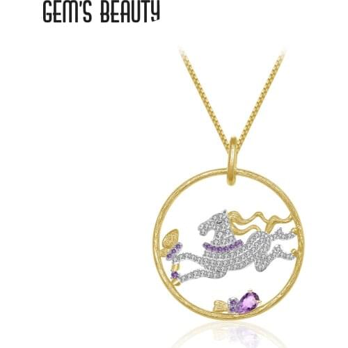 GEMS BEAUTY 925 Sterling Silver Horse Shape Necklace Pear Cut Natural Amethyst Handmade Necklace For Women Romantic Gift