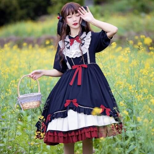 Big swing pleated ruffles stithing dress Royal fairy lolita dress female Packing flowers embroidery original cute dress F1676