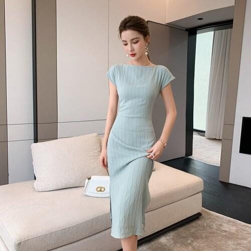 Summer Dress Elegant Vintage Evening Sleeveless Women Dresses Bodycon Bandage Pencil Sundress Party Sexy Blue Korean Clothes
