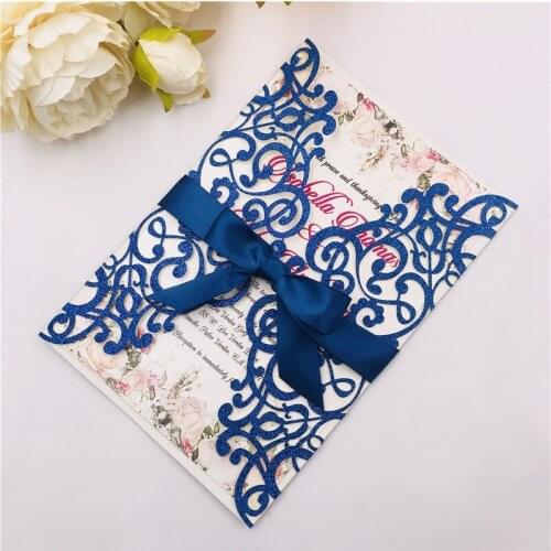 100Pcs Laser Cut Marriage Invitations For Wedding Ceremony Birthday Baptism Party Blue Silver Pearl Paper Greeting Card
