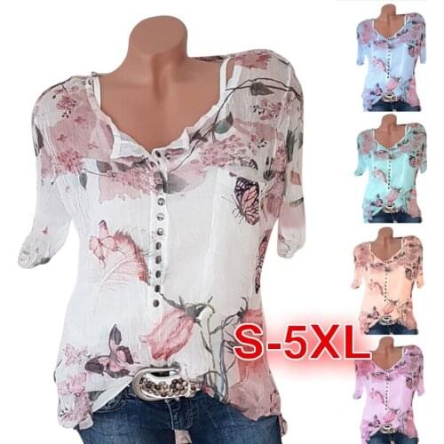 Plus size loose casual womens blouse chiffon women blouse tops summer fashion V-neck short-sleeved women shirts blusa