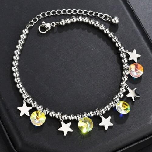 Stainless Steel colorful Crystal Beads Chain Bracelet Silver Color little star Bracelet Sweety Jewelry for Women Girl Pulseras