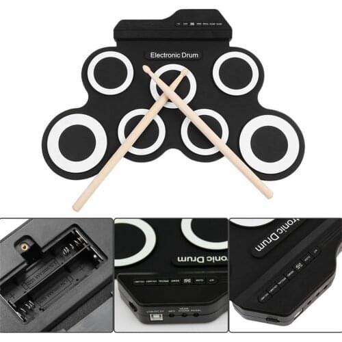 Drum Electronic Drum Set Compact Size USB Roll-Up Silicon Drum Pad Digital Electronic Drum Kit 7-Pad with Drumsticks Foot Pedals