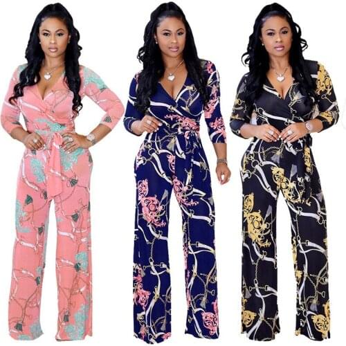 FNOCE Cross-border Foreign Trade Sexy Fashion Casual Womens clothing V-neck Long-sleeved Printed Jumpsuit Printed Jumpsuit