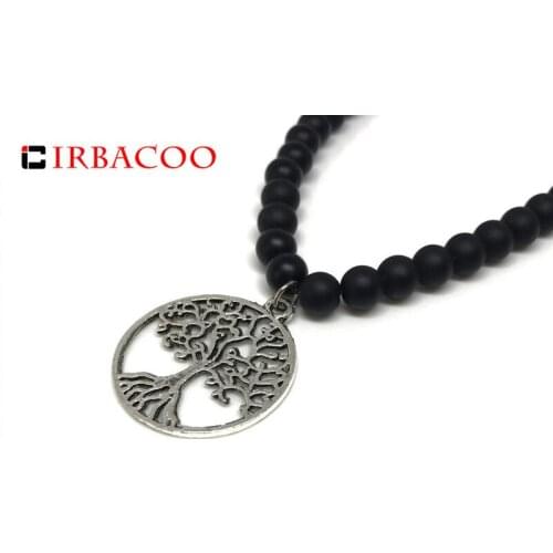 IRBACOO 2020 Luxury Mens Necklace Tree Of Life Charm Pendant With Matte Onyx Stone For Mens Beaded Necklace Jewelry Gift