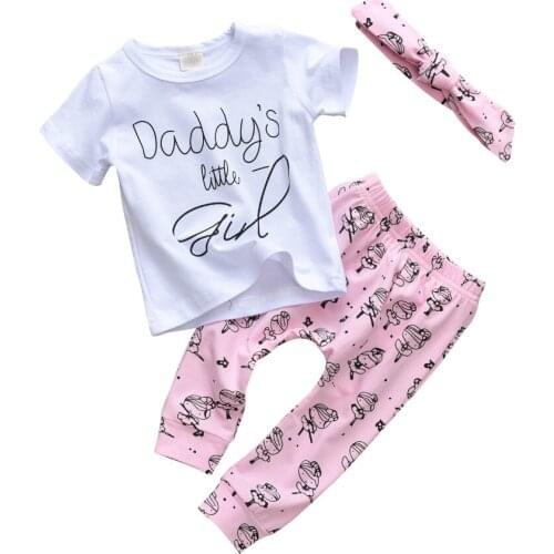 3PCS Summer Baby Girl Clothing Set Letter Cotton T-shirt Tops+Legging Pants+Headband Baby Clothes Set