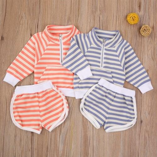 Kids Girls Clothes Sets Striped Print Long Sleeve Zipper Turtleneck Pocket Sweatshirt Tops Pants 2pcs