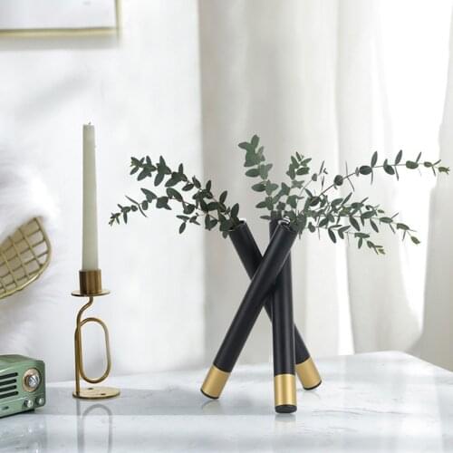 Creative Art Crossed Black Metal Stand Flowers Vase Dining Table Decoration Modern Nordic Styles Glass Tube Vase Home Ornaments